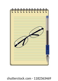 Pen and a notebook and glasses