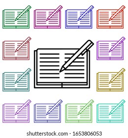 Icono de estilo multicolor de pluma y portátil. Línea delgada simple, contorno vectorial de los iconos de educación para ui y ux, sitio web o aplicación móvil