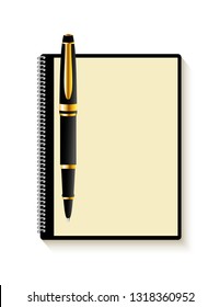 Pen and a notebook on white background