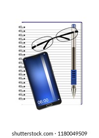 Pen, notebook, smart phone and glasses