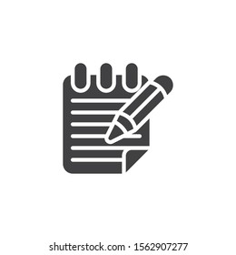 Pen and notepad paper vector icon. filled flat sign for mobile concept and web design. Notebook page and pen glyph icon. Symbol, logo illustration. Vector graphics