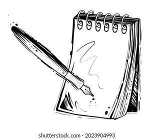 Pluma y bloc de notas, vector dibujado a mano, monocromo