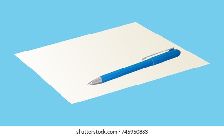 Pen on blank sheet of paper isolated on blue background. Vector illustration of writing tool with ballpoint and handle at end. School stationery object