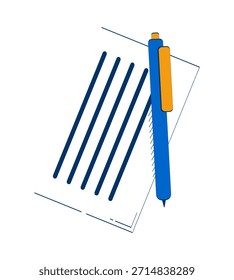 Pluma en papel de documento para firmar y escribir objeto doodle 2D. Rellene el formulario. Bolígrafo con elemento de dibujos animados de hoja alineada Clipart de Vector plano aislado sobre fondo blanco. Dibujado a mano ilustración