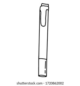 Pen on an isolated white background. Black hand draw outline. Back to school, office. Vector illustration.