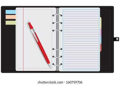 Pen on the open organizer. Vector illustration.