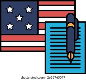 A pen is on a piece of paper with the American flag in the background. The pen is blue and the paper is white
