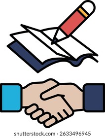 A pen is on top of a book, and the image is about a handshake. The handshake symbolizes agreement, trust, and collaboration. The pen and book represent the written word