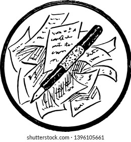 Pen On Top of Papers School bietet Schreibmaterial zu Vintage-Linie Zeichnung oder Gravitation Illustration.