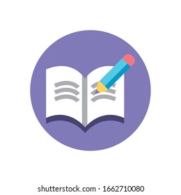 pen and opened book icon over white background, colorful block style, vector illustration