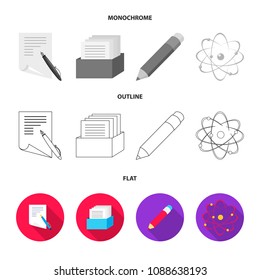 A pen with paper, a catalog in a box, a red pencil, an atom with a core. School set collection icons in flat,outline,monochrome style vector symbol stock illustration web.