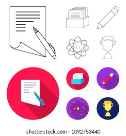 A pen with paper, a catalog in a box, a red pencil, an atom with a core. School set collection icons in outline,flat style vector symbol stock illustration web.