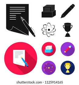 A pen with paper, a catalog in a box, a red pencil, an atom with a core. School set collection icons in black, flat style vector symbol stock illustration web.