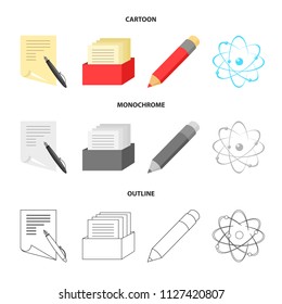 A pen with paper, a catalog in a box, a red pencil, an atom with a core. School set collection icons in cartoon,outline,monochrome style vector symbol stock illustration web.