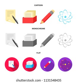 A pen with paper, a catalog in a box, a red pencil, an atom with a core. School set collection icons in cartoon,flat,monochrome style vector symbol stock illustration web.