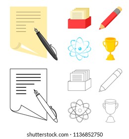A pen with paper, a catalog in a box, a red pencil, an atom with a core. School set collection icons in cartoon,outline style vector symbol stock illustration web.