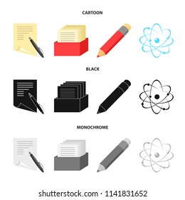 A pen with paper, a catalog in a box, a red pencil, an atom with a core. School set collection icons in cartoon,black,monochrome style vector symbol stock illustration web.