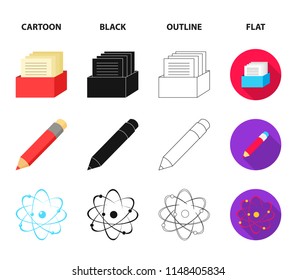 A pen with paper, a catalog in a box, a red pencil, an atom with a core. School set collection icons in cartoon,black,outline,flat style vector symbol stock illustration web.