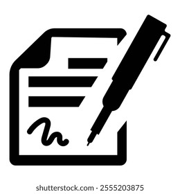 A pen and paper icon embodies creativity and organization, perfect for education, documentation, and content creation.Pen signing a contract with signature line art vector icon. 