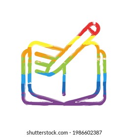 Pen and paper, literature book, published story. Drawing sign with LGBT style, seven colors of rainbow (red, orange, yellow, green, blue, indigo, violet