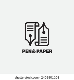 Pen and paper logo design template. Linear graphic style. Vector illustration.