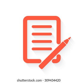 pen and paper in orange with drop shadow on white