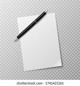 Pen and paper sheet. Blank white paper sheet and ballpoint pen top view mockup. Write message, letter or note realistic vector paperwork template