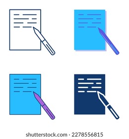 Pen and paper with text icon set in flat and line style. Writing message or document symbol. Vector illustration.