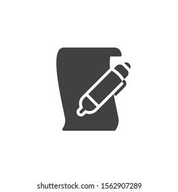 Pen and parchment paper vector icon. filled flat sign for mobile concept and web design. Pencil with scroll paper glyph icon. Symbol, logo illustration. Vector graphics