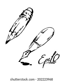 Pen and pencil. Black and white. Vector illustration.