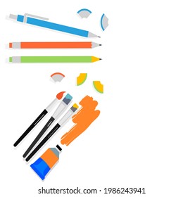 Pen , pencil and  brush art on orange color , vector of stationary 