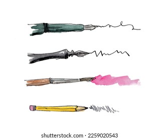 Pen, pencil, brush, tools for writing, ink paint drawing. Sketch illustration vector.