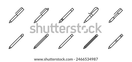 Pen and pencil classic line icon set. Marker and crayon drawing symbol. Sketching tools vector illustration isolated. Pens and pencils icons.