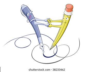 Pen and pencil are dancing holding hands