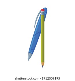 Pen and Pencil as Drawing and Writing Instrument Isolated on White Background Vector Illustration
