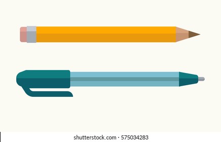 Pen and pencil with eraser tip vector icons. Business or office writing stationery supplies