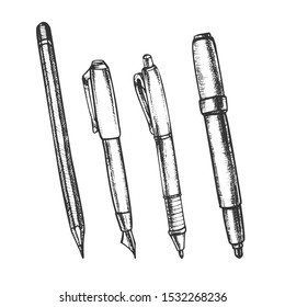 Pen, Pencil And Felt-tip Marker Retro Set Vector. Pen Collection For Writing And Drawing School Equipment. Engraving Concept Template Hand Drawn In Vintage Style Black And White Illustrations