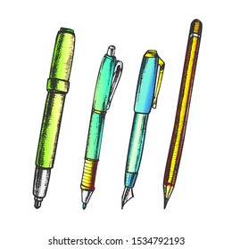 Pen, Pencil And Felt-tip Marker Retro Color Vector. Pen Collection For Writing And Drawing School Equipment. Engraving Concept Template Hand Drawn In Vintage Style Illustrations