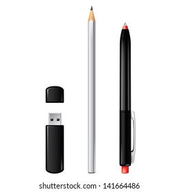 Pen, pencil and flash drive or modem vector set isolated on white.