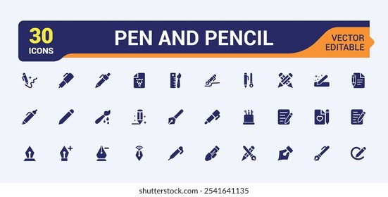 Conjunto de iconos sólidos planos de lápiz y lápiz. Contiene iconos como relleno, pincel, aprender, limpieza, educación, herramientas, negocios y más. Icono de Vector editable e ilustración.