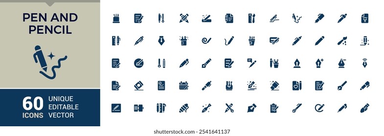 Pen And Pencil flat solid icon set. Featuring fill, simple, sign, caliper, selection, eraser and more. Simple filled vector. 