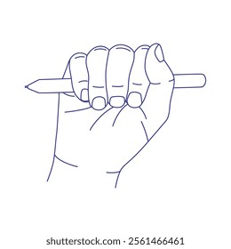 Pen or pencil in hand. Contour vector illustration. Index, middle, ring, little fingers and thumb