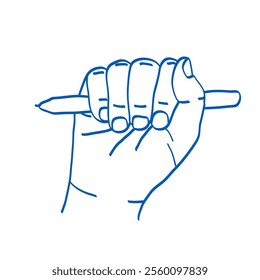 Pen or pencil in hand. Doodle vector illustration. Index, middle, ring, little fingers and thumb