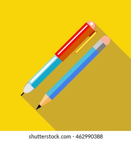 Pen and pencil icon in flat style on a yellow background