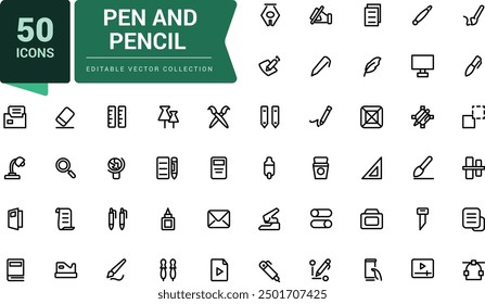 Pen and pencil icon set. Pixel perfect, minimalistic web and UI icon. Outline icon collections. Editable vector illustration.