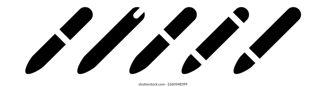 Pen or pencil icons set. Device for creativity, drawing and writing. Modern black icon vector isolated on white background.