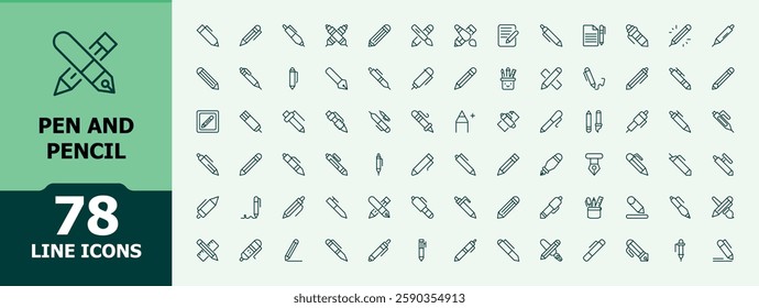 Pen and pencil isolated icon set. Contains related to note, handwriting, fountain, office, nib, highlighter, paintbrush and more. Thin outline icons pack. Minimalist editable vector stroke.