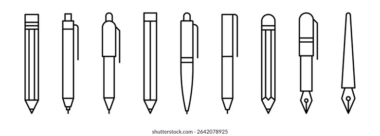 Pen and pencil line icon set. Marker and crayon drawing symbol. Sketching tools vector illustration isolated. Drawing pen, edit, notepad, writing ink mark icons. Writing pencil icons.