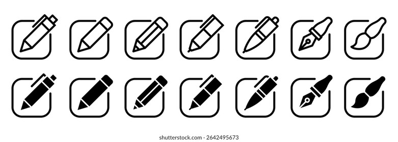 Conjunto de iconos de línea de lápiz y lápiz. Marcador y símbolo de dibujo de crayón. Ilustración vectorial de herramientas de bosquejo aislada. Pluma de dibujo, editar, bloc de notas, escribir iconos de marca de tinta. Iconos de lápiz de escritura.
