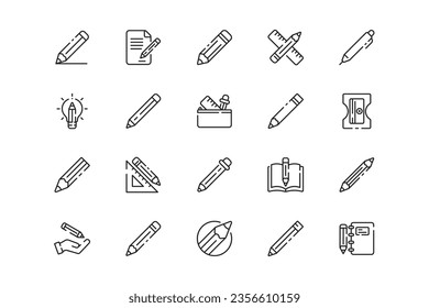 Pen and Pencil lines icon set. Pen and Pencil genres and attributes. Linear design. Lines with editable stroke. Isolated vector icons.